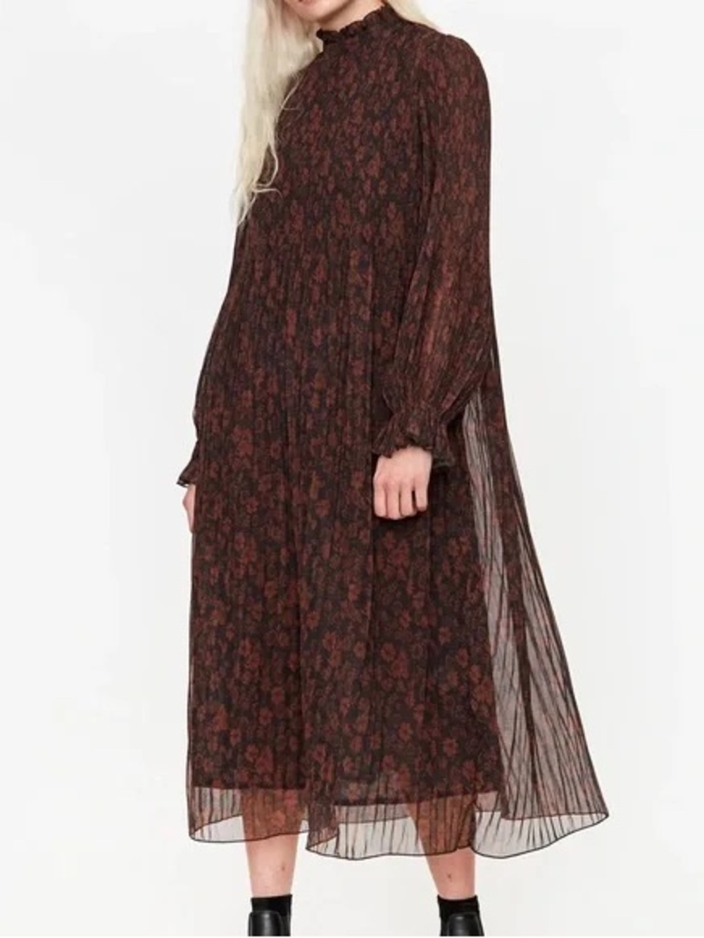 GANNI Women’s Brown Floral Long Sleeve Midi Dress